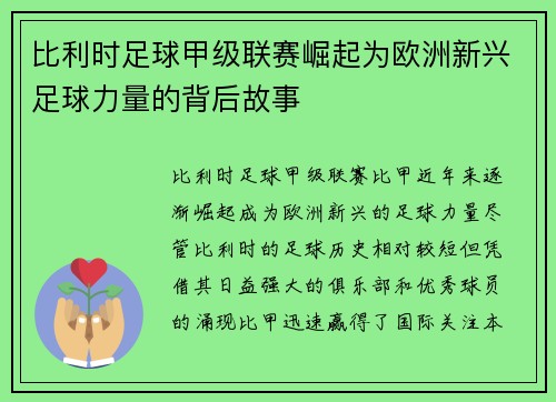 比利时足球甲级联赛崛起为欧洲新兴足球力量的背后故事